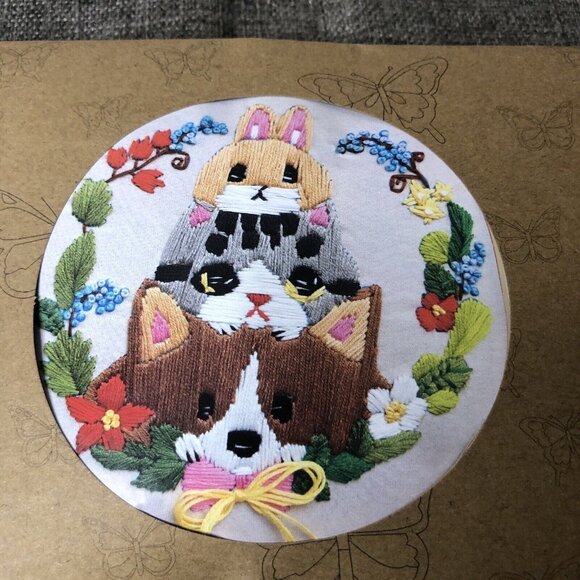 Embroidery Kits Puppy Dog Cat Rabbit Flowers Set of 2 Craft Spring Summer - Picture 3 of 8